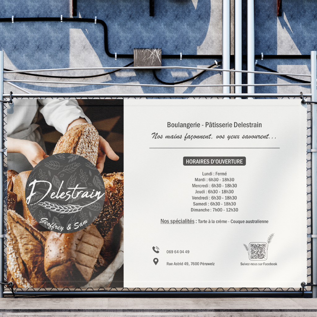 Bâche publicitaire réalisée pour la boulangerie Delestrain
