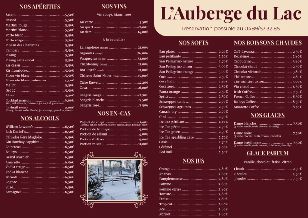 Création du menu du restaurant L'Auberge du Lac